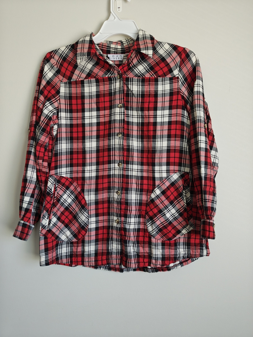 Joan Rivers Classics Collection red, black, and white plaid button-up shirt